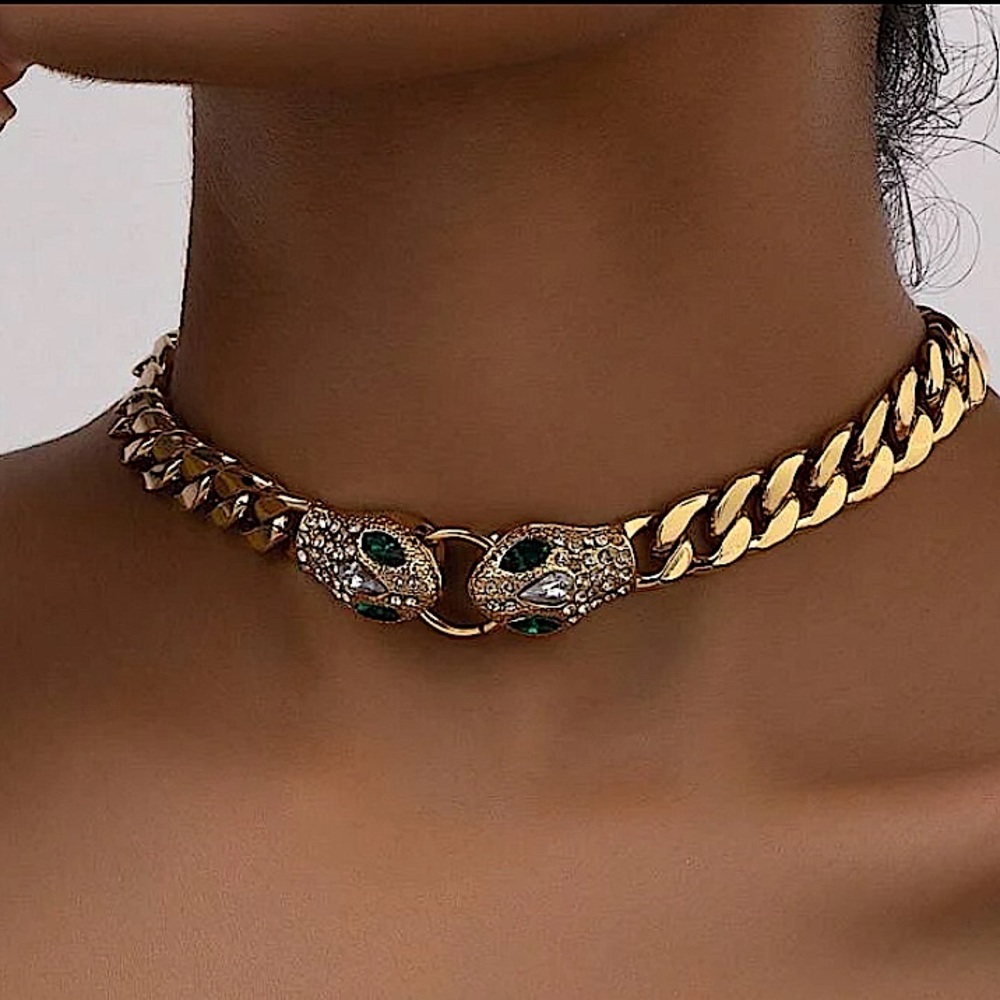 Gold Snake Chain Link Curb Cuban Emerald Zircon Choker Necklace